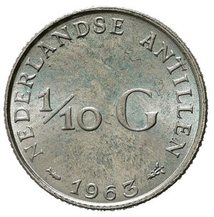 reverse: ANTILLE OLANDESI. 1/10 Gulden 1963. Ag. KM3. FDC