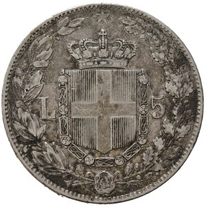 reverse: Umberto I (1878-1900). 5 lire 1879. Ag. Gig. 24. Colpetto al bordo. Patinato. BB