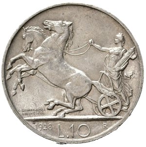 reverse: Regno d Italia. Vittorio Emanuele III (1900-1943). 10 lire 1928 *una rosetta 