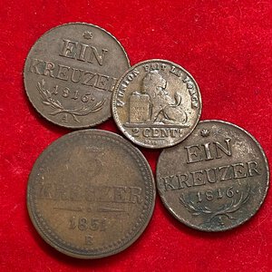 obverse: AUSTRIA. Lotto di 3 monete (2x 1 kreuzer 1816 A; 3 kreuzer 1851 B) + 2 centimes 1902 Belgio. MB-BB