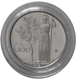reverse: Repubblica Italiana. 100 lire 1991. Proof