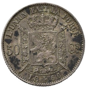 reverse: BELGIO. Leopoldo II. 50 Centimes 1866. Km 26. Ag. SPL