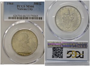 obverse: VATICANO. Paolo VI. 500 lire 1964. Ag. Slab MS66