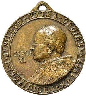 obverse: Medaglie papali. Pio XI. Medaglia 1929. AE (12,65 g - 31,7 mm) Opus Minocchi. Cusumano Modesti 195 (var. nella legenda del dritto). Colpetto al bordo.  SPL