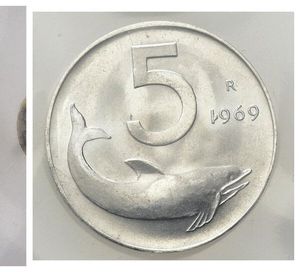 reverse: Italia. Repubblica Italiana. 5 Lire 1969  IT NC Mont. 12 1 Rovesciato FDC