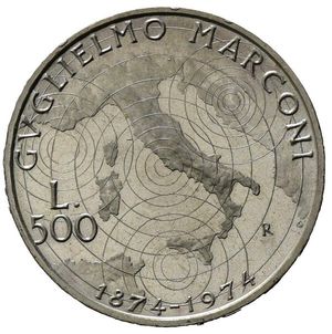 reverse: Italia. Repubblica Italiana. AR  500 Lire 1974  Guglielmo Marconi (28,8mm, 11,04gr) SPL+
