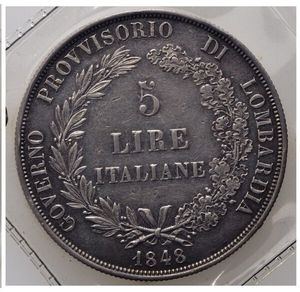reverse: Italia. Governo Provvisorio della Lombardia (1848-1849) 5 Lire 1848 AR, Pagani 213.SPL 