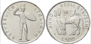 obverse: Italy Repubblica Italiana AR 500 lire 1985 Anno degli Etruschi