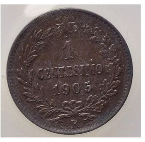 reverse: Italia. Regno D’Italia. Vittorio Emanuele III. 1 Cent. 1905 . Cifra 5 Distanziata. Piccole Macchie al  D.Mntenegro 419. R . BB. Italia. 