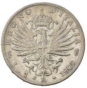 reverse: Italia. Regno d Italia . Vittorio Emanuele III (1900 – 1946). AR 1 Lira 1907. MB
