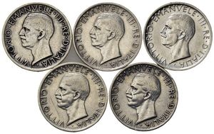 obverse: Italia. Regno D Italia. Vittorio Emanuele III (1900 – 1946). Lotto di 5 monete da 5 lire dal 1926 al 1930. BB+