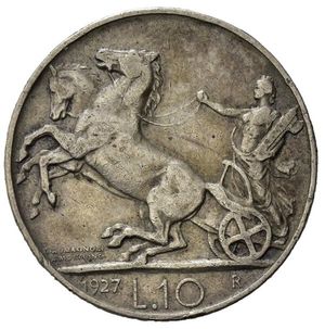 reverse: Italia. Regno D  Italia. Vittorio Emanuele III. (1900-1946). AR 10 Lire 1927 una rosetta. BB