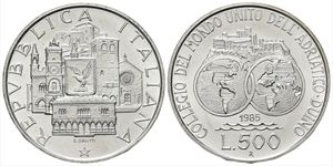 obverse: Italy Repubblica Italiana AR 500 lire 1985 Collegio del Mondo Unito dell Adriatico