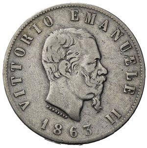 obverse: Italia. Regno D Italia.Vittorio Emanuele II (1861-1878).AR 2 Lire 1863 T. BB