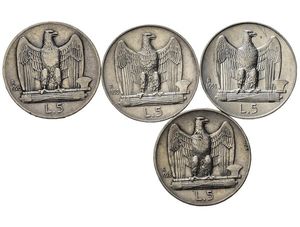 reverse: Italia. Regno D Italia. Vittorio Emanuele III (1900 – 1946). Lotto di 5 monete da 5 lire dal 1926 al 1930. BB+
