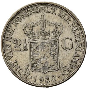 reverse: Olanda Wilhelmina I. 1890 – 1948, AR 2 1/2 Gulden 1930. SPL+