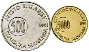 reverse: Slovenia. Repubblica. AU 5000 e  AR 500  Tolarjev 1991. Commemorative per il primo anniversario del plebiscito sull  indipendenza. FDC