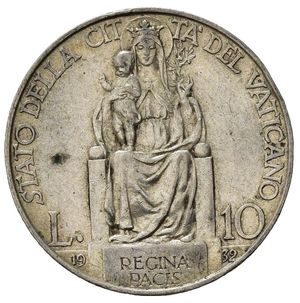 reverse: Stato Pontificio.Città del Vaticano. Pio XI (1929-1939). AR 10 lire 1932. qSPL
