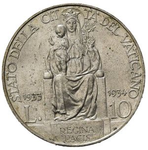 reverse: Stato Pontificio. Città del Vaticano. Pio XI (1929-1938). AR 10 lire 1933 – 1934. SPL