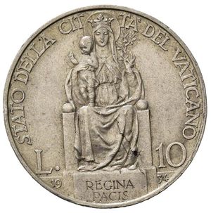 reverse: Stato Pontificio. Città del Vaticano. Pio XI (1929-1938). AR 10 lire 1934. qSPL