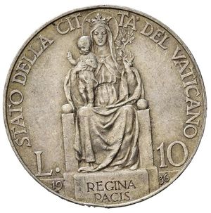 reverse: Stato Pontificio. Città del Vaticano. Pio XI (1929-1938). AR 10 lire 1936. qSPL