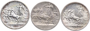 reverse: Vittorio Emanuele III (1900-1943). Lotto di tre (3) monete da 2 lire: 1908, 1914, 1917