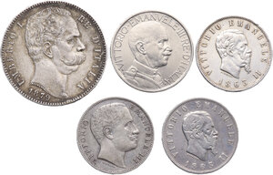 obverse: Lotto di cinque (5) monete: 5 lire 1879 (Umberto), 2 lire 1863 N valore (2) (Vittorio Emanuele II), 2 lire 1907, buono da 2 lire 1923 (Vittorio Emanuele III)