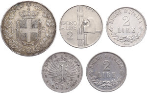 reverse: Lotto di cinque (5) monete: 5 lire 1879 (Umberto), 2 lire 1863 N valore (2) (Vittorio Emanuele II), 2 lire 1907, buono da 2 lire 1923 (Vittorio Emanuele III)