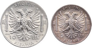 reverse: Vittorio Emanuele III (1900-1943). Lotto di due (2) monete: 10 lek 1939 A. XVII, 5 lek 1939 A. XVII