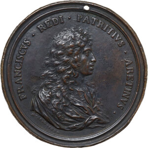 obverse: Arezzo.  Francesco Redi (1626-1698), medico e poeta. . Medaglia 1684, bordo modanato, per l attività di medico del Redi