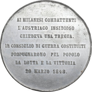 reverse: Medaglia 1848 per le cinque giornate di milano a ricordo di Enrico Cernuschi, Carlo Cattaneo e Giulio Terzaghi