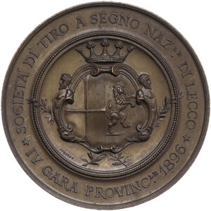 obverse: Medaglia emessa nel 1896 dallo stabilimento Johnson per la Società di Tiro a Segno Nazionale di Lecco in occasione della IV gara provinciale