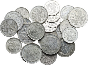 obverse: Russia. Lot of twenty-five coins: 20 kopeks (6) (1913x1, 1914x3,1915x2), 15 kopeks (12) (1913x5, 1914x3, 1915x4), 10 kopeks (7) (1913x1, 1914x3, 1915x3)