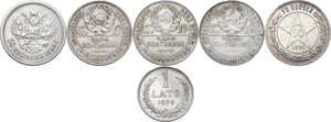 reverse: Russia. Lot of six coins roubel 1924 (2), roubel 1925, 50 kpeks 1899, 50 kopeks 1931 and lats 1924 (Latvia)