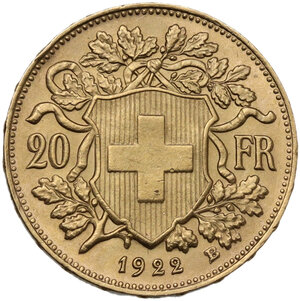 reverse: Switzerland.  Confederation (1848- ). 20 francs 1922 B, Bern mint