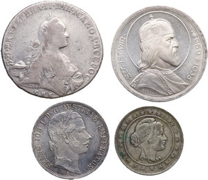 obverse: Lotto di quattro (4) monete del mondo : Florin 1859 A (Austria), 2000 reis 1926 (Brazil), 5 pengo 1938 (Hungary), rubel 1786 (Russia)