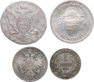 reverse: Lotto di quattro (4) monete del mondo : Florin 1859 A (Austria), 2000 reis 1926 (Brazil), 5 pengo 1938 (Hungary), rubel 1786 (Russia)