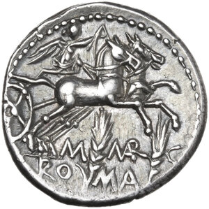 reverse: M. Marcius Mn. f.. Denarius, 134 BC