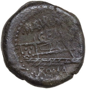 reverse: M. Aburius  M.f. Geminus.. AE Quadrans, 132 BC