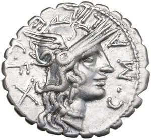 obverse: L. Licinius Crassus, Cn. Domitius Ahenobarbus and C. Malleolus. Denarius serratus, Narbo mint, 118 BC