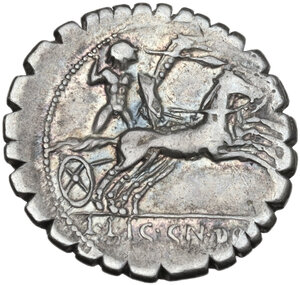reverse: L. Licinius Crassus, Cn. Domitius Ahenobarbus and C. Malleolus. Denarius serratus, Narbo mint, 118 BC