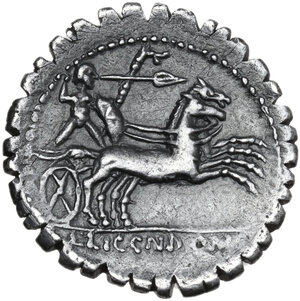 reverse: L. Licinius Crassus, Cn. Domitius Ahenobarbus and L. Pomponius C.f.. Denarius serratus, Narbo mint, 118 BC