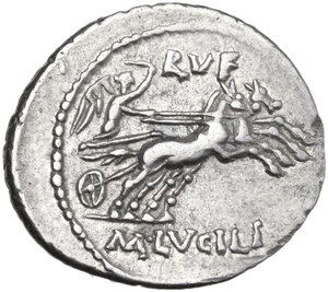 reverse: Mn. Lucilius M.f.. Denarius, 101 BC