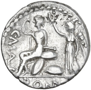 reverse: C. Publicius Malleolus, A. Postumius Sp. f. Albinus and L. Metellus . Denarius, late 90s BC