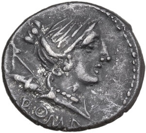 obverse: C. Publicius Malleolus, A. Postumius Sp. f. Albinus and L. Metellus . Denarius, late 90s BC