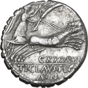 reverse: Ti. Claudius Nero. AR Denarius (partly) serratus, 79 BC
