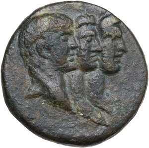 obverse: Marc Antony, Octavian and Lepidus (43-33 BC). .  Ae Half Unit, Ephesus mint, Ephesus