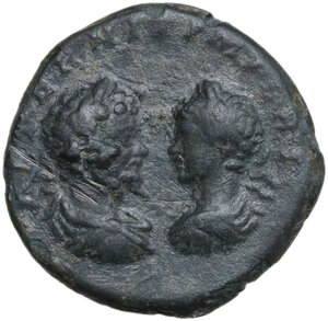reverse: Julia Domna, with Septimius Severus and Caracalla. Bronze core of a fourrèe Denarius, 196-211 AD