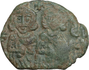 obverse: Constantine V Copronymus with Leo IV (751-775).. AE Follis. Syracuse mint, 751-775