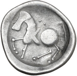 reverse: Celtic, Middle-Lower Danube.  Uncertain tribe. . AR Tetradrachm.  Sattelkopfpferd  type, imitating Philip II of Macedon, c. 2nd century BC